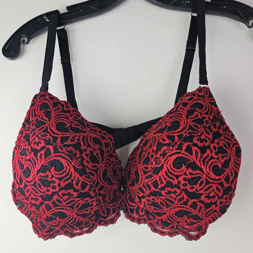 Smart and Sexy Bra 38C‎ Padded Maximum Cleavage Red Black Lace Push Up